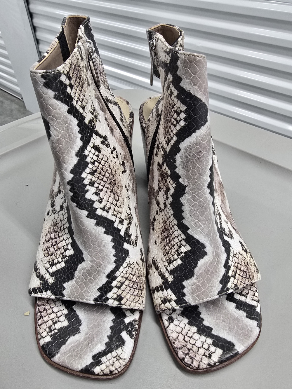 Vince Camuto Snake-Print Open-Toe Mules in White and Black